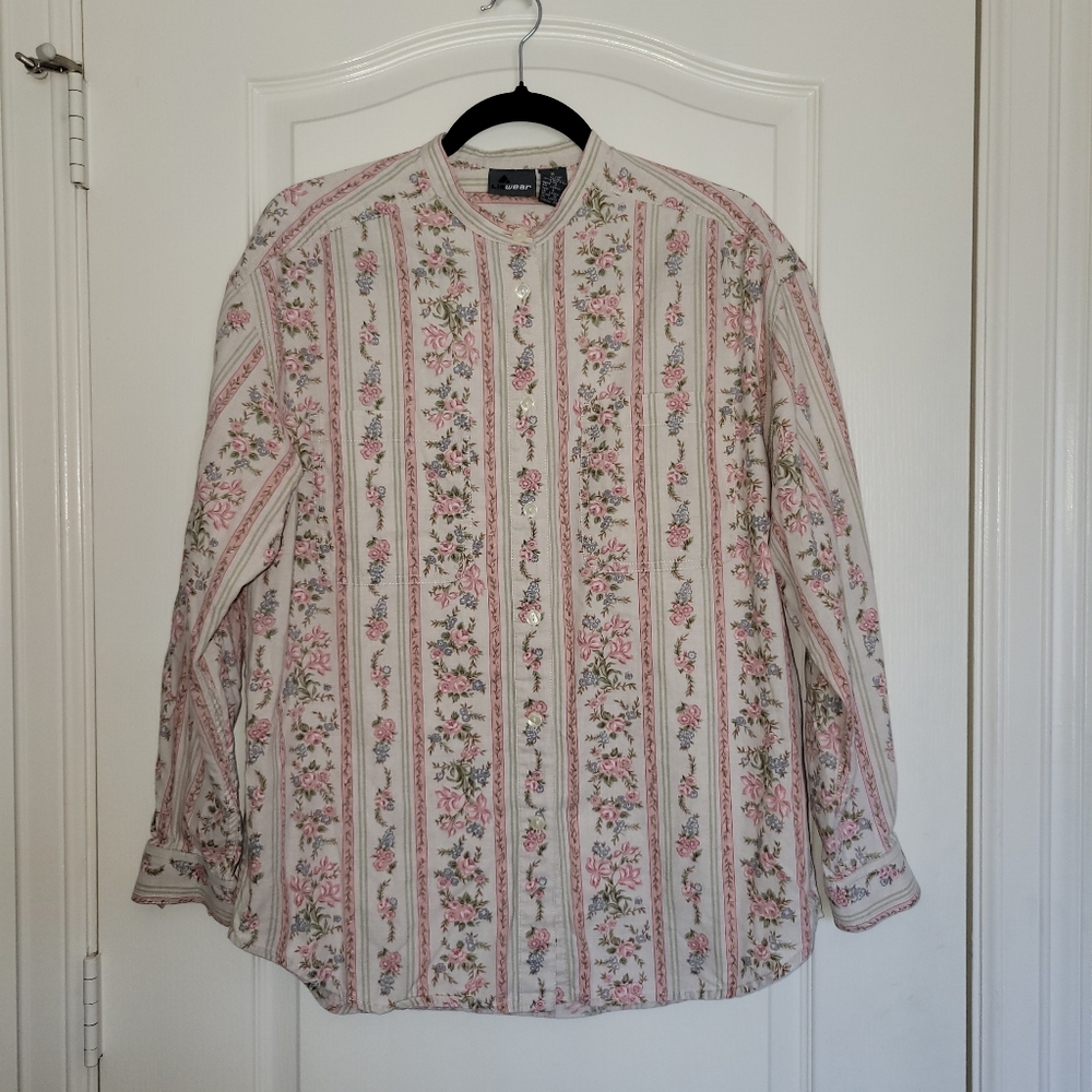 Lizwear Striped Pink Floral Long Sleeve Blouse Cotton/Linen Blend Ladies Medium